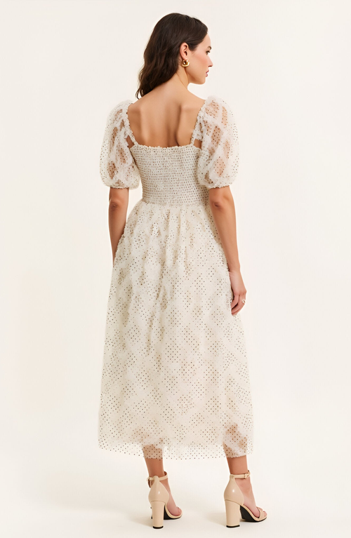 Modenaire Embroidered Puff Sleeve Square-neck Midi Dress In White
