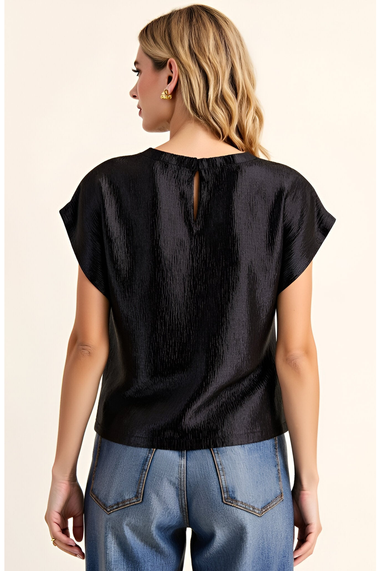 Short Sleeve Textured Satin Blouse with Relaxed Fit and Keyhole Back, Alternate, color, Black