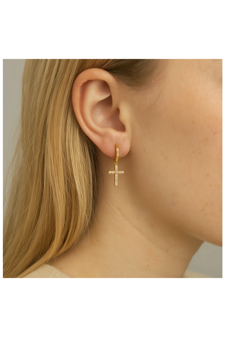 Cross Dangle Earrings with White Diamond Cubic Zirconia, Alternate, color, Gold