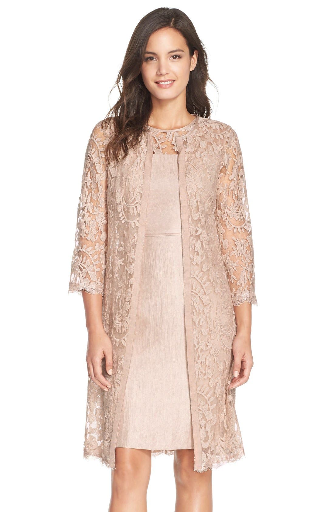 Adrianna Papell Embroidered Lace Illusion Yoke Sheath Dress & Topper