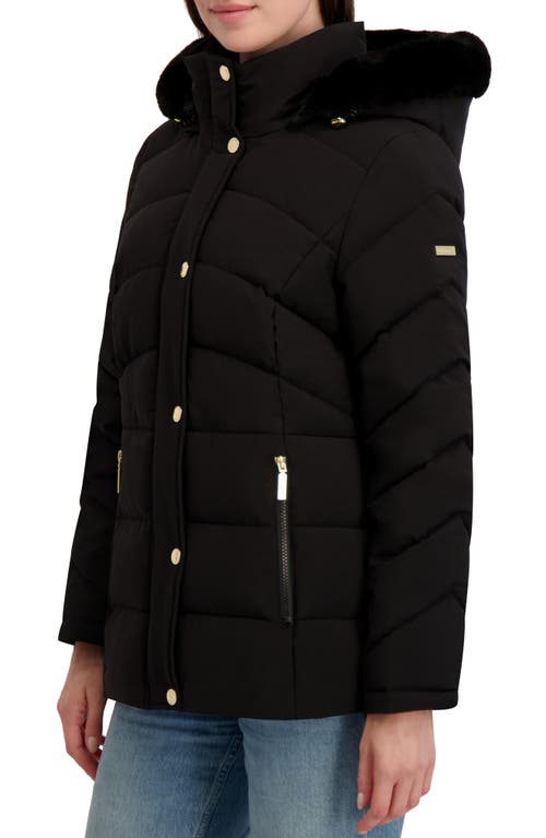 Laundry By Shelli Segal Short Puffer With Faux Fur Trim Hood In Black
