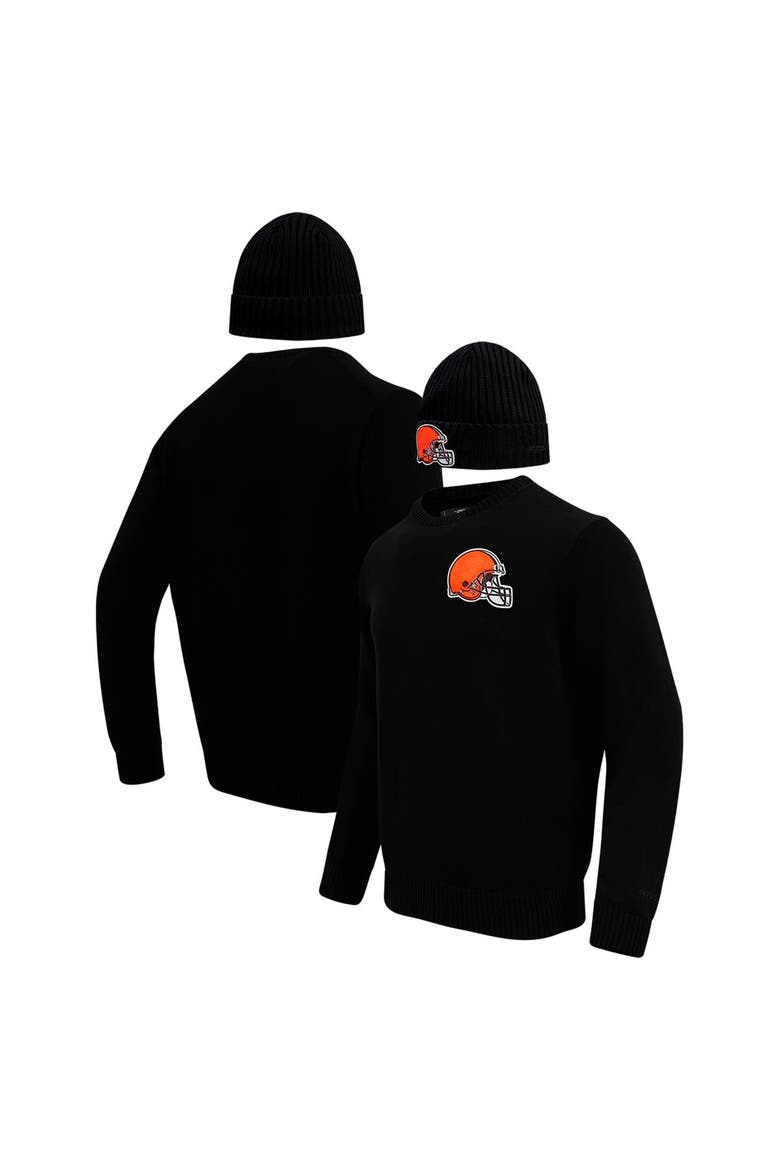 Men's Pro Standard Black Cleveland Browns Crewneck Pullover Sweater & Cuffed Knit Hat Box Gift Set, Main, color, Black