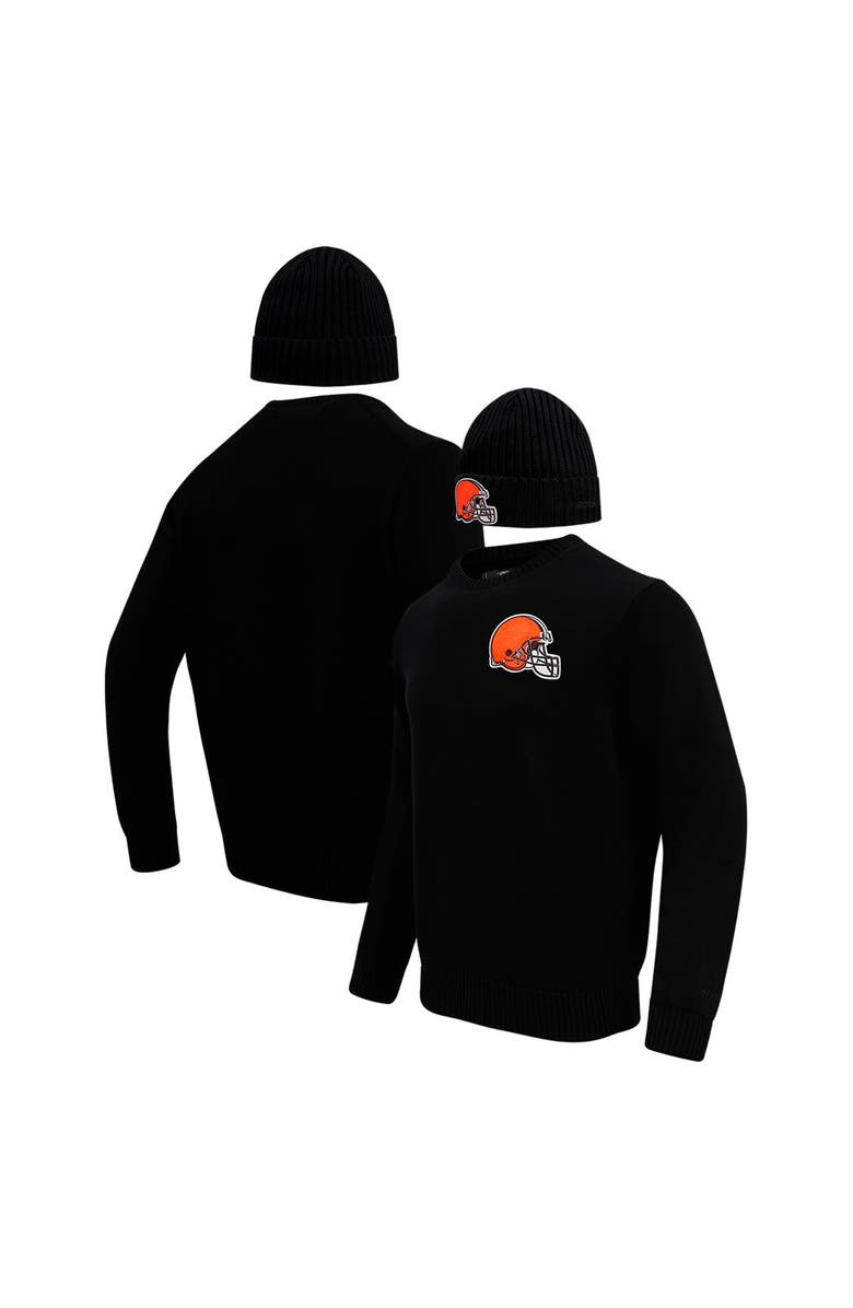 PRO STANDARD Men's Pro Standard Black Cleveland Browns Crewneck Pullover Sweater & Cuffed Knit Hat Box Gift Set, Main, color, Black