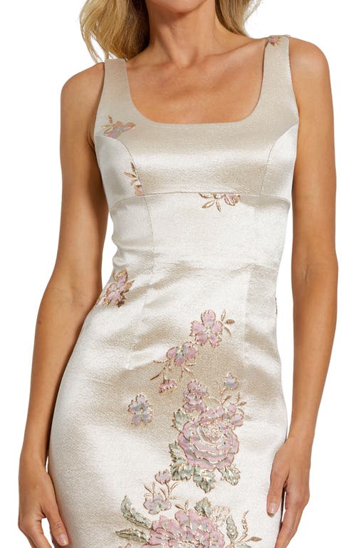 Mac Duggal Slim Strap Scoop Neck Bustier Brocade Midi Dress In Champagne Multi