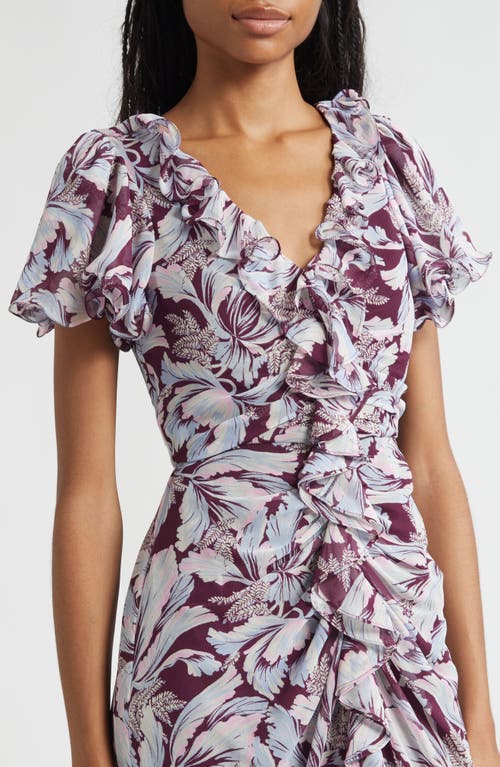 Cinq À Sept Clio Multi-tulip Ruffled Midi Dress In Burgundy