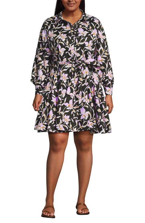 Plus Size Poplin Button Front Dress with Godets