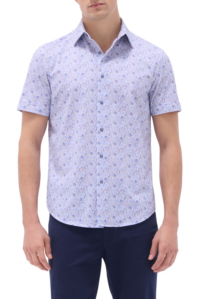 Miles OoohCotton® Leaf Print Short Sleeve Button-Up Shirt, Main, color, AIR BLUE