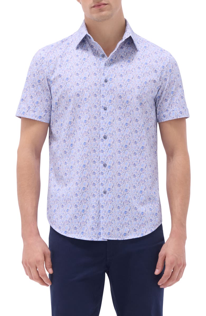 Bugatchi Miles OoohCotton<sup>®</sup> Leaf Print Short Sleeve Button-Up Shirt, Main, color, Air Blue