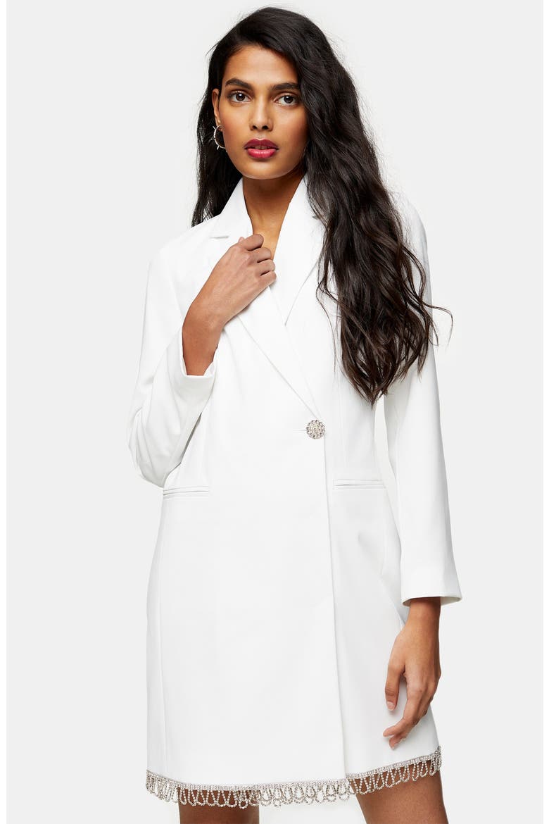 Diamante Trim Long Sleeve Blazer Minidress, Alternate, color, IVORY