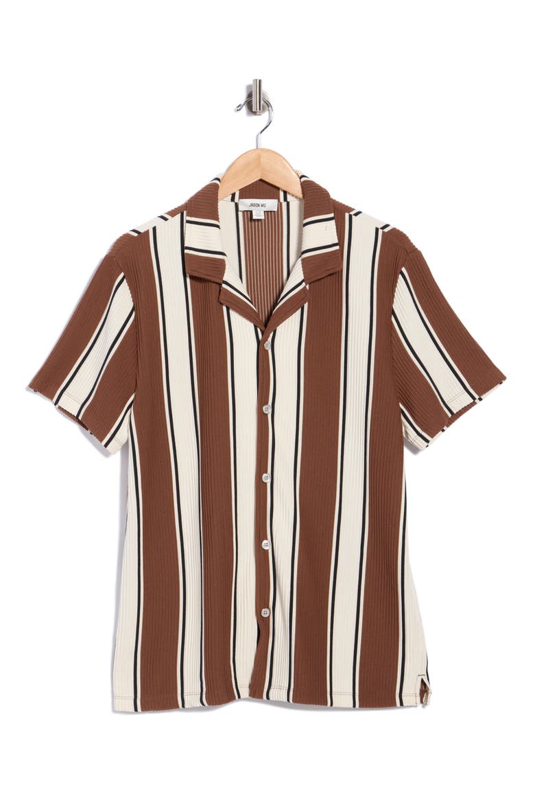 Striped Plissé Camp Shirt, Main, color, MOCHA/ IVORY/ BLACK
