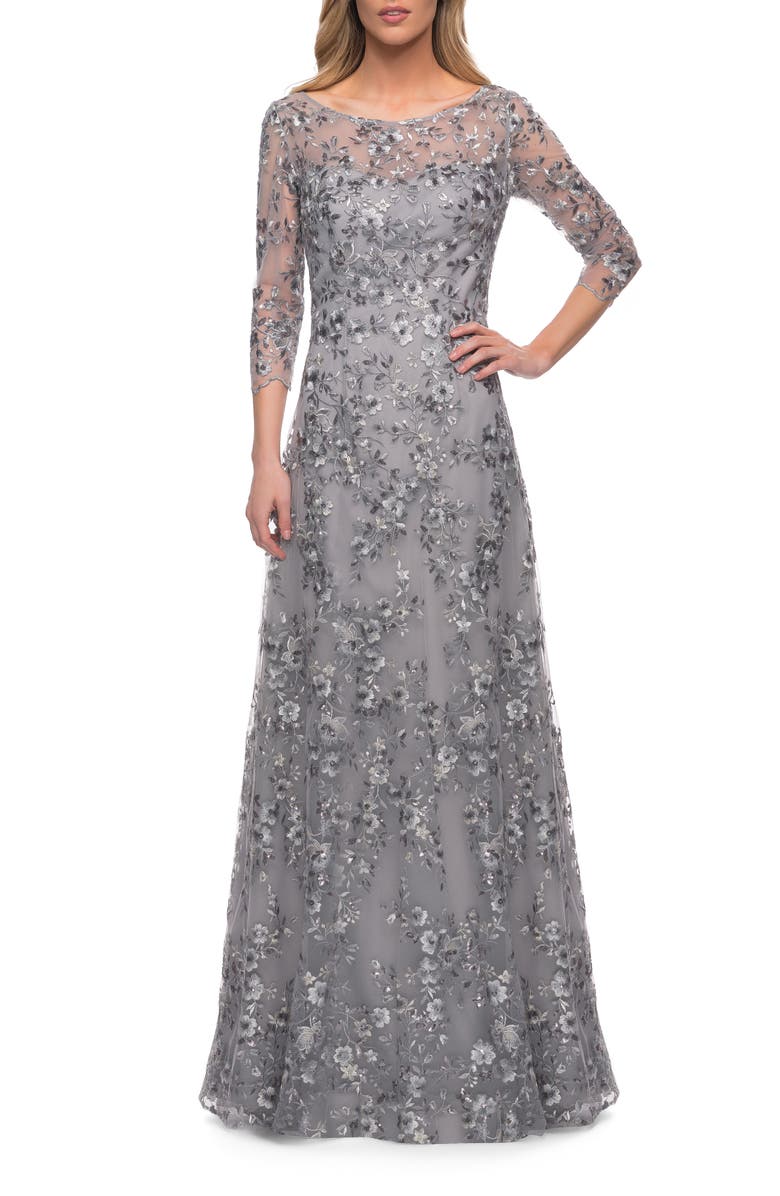 La Femme Metallic Sequin & Lace A-Line Gown, Alternate, color, 