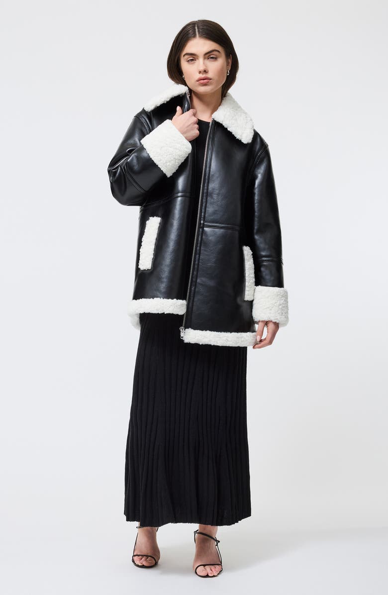 French Connection Ajani Faux Leather & Faux Fur Coat, Alternate, color, Black Cream