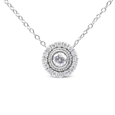 Silver 1/2 Cttw Round Diamond Halo Circle Pendant 18" Necklace