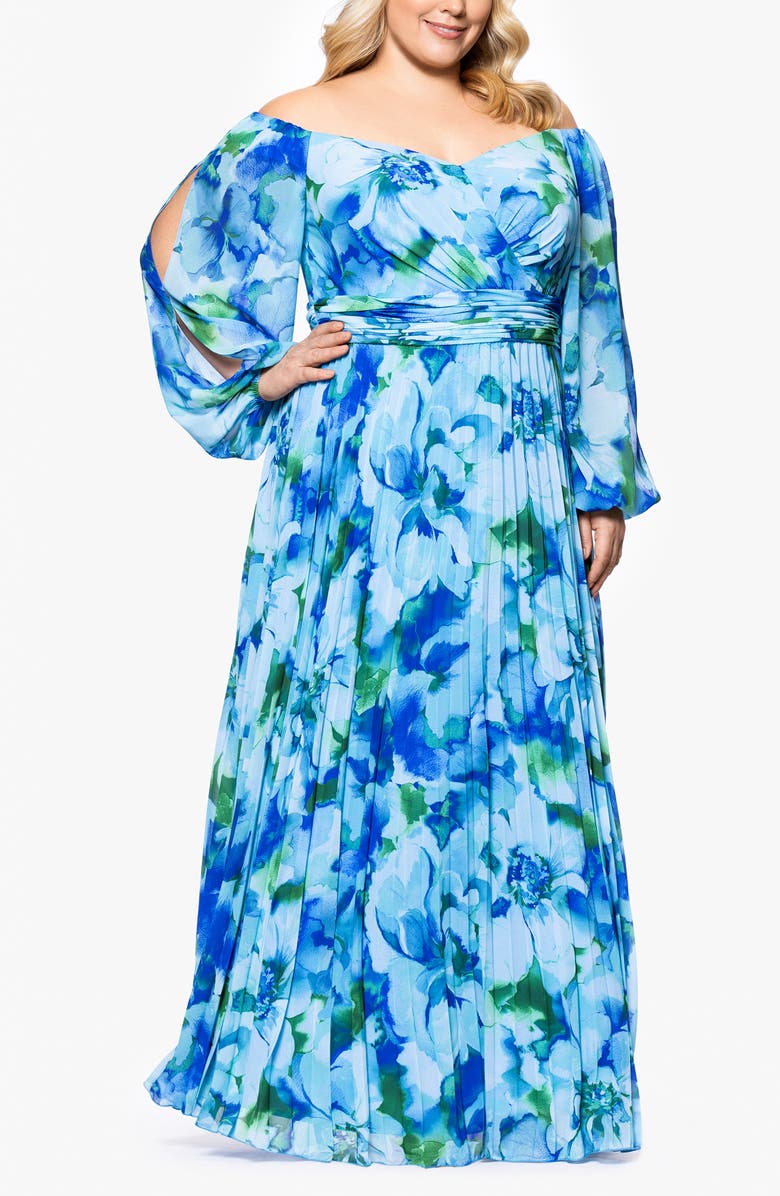 Xscape Evenings Floral Off the Shoulder Long Sleeve Gown, Alternate, color, 