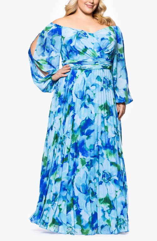 Xscape Evenings Floral Off The Shoulder Long Sleeve Gown In Turquoise/navy