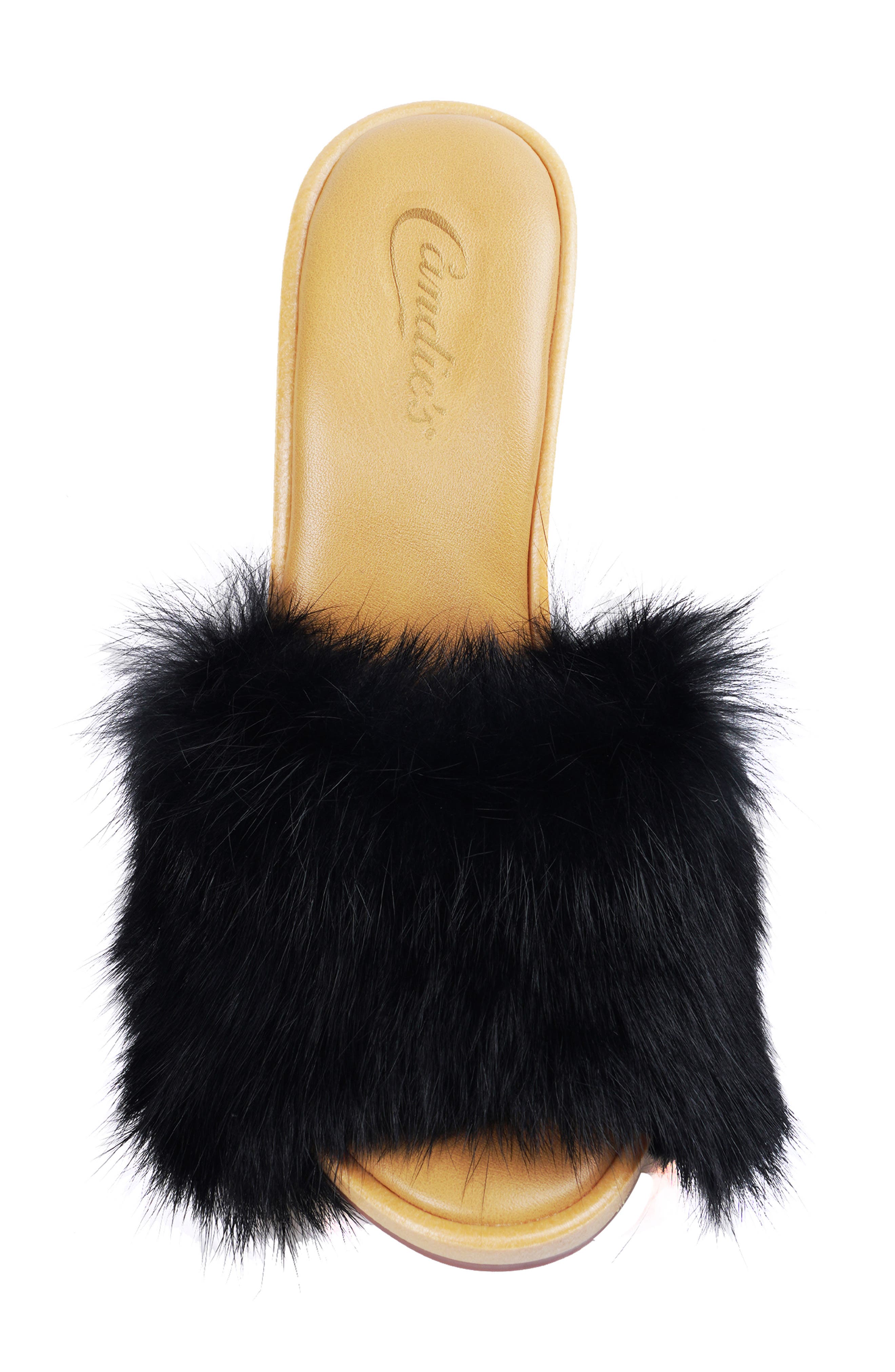 Celestine Faux Fur Side Sandal, Alternate, color, BLACK