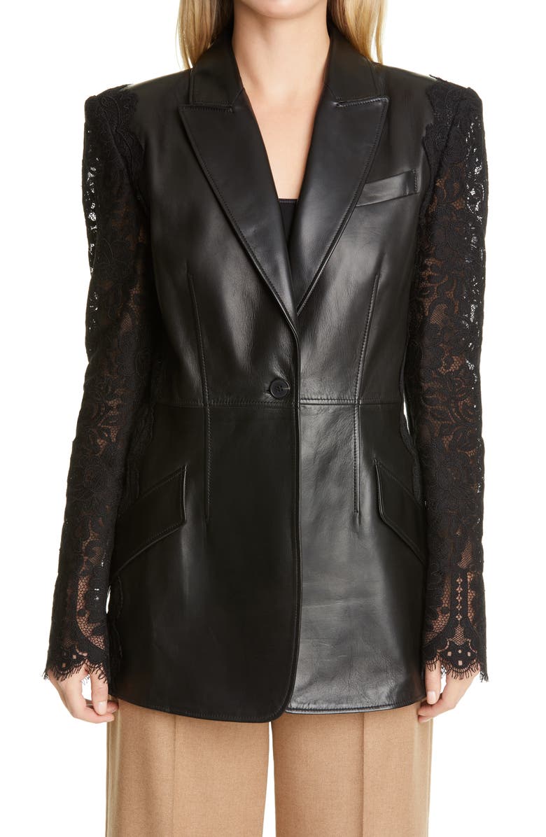 McQueen Alexander McQueen Lace Sleeve Leather Blazer, Main, color,