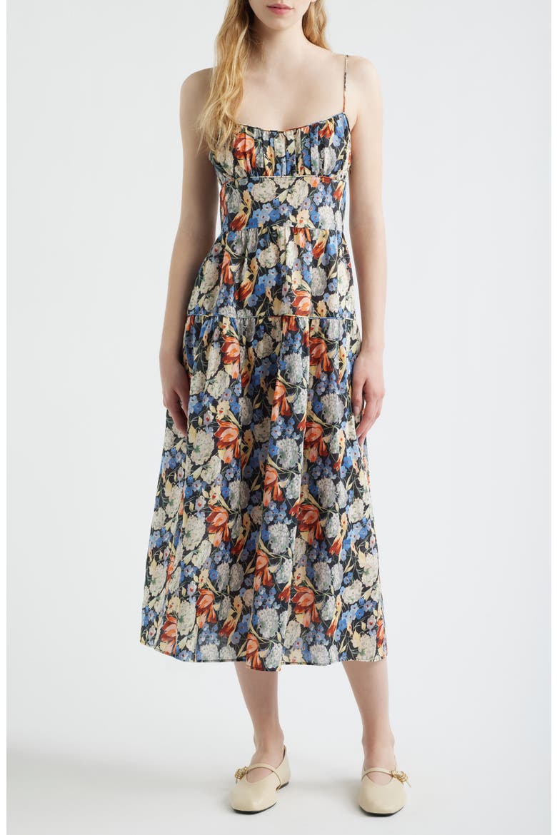 Benoit Floral Gathered Bust Tiered Midi Dress, Main, color, PETIT JARDIN DE VILLANDRY