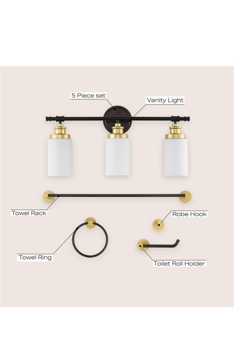 JONATHAN Y Egan 23.25" 3-Light Classic Cottage Vanity Light with Frosted Glass Shades and Bathroom Hardware Accessory Set, Alternate, color,