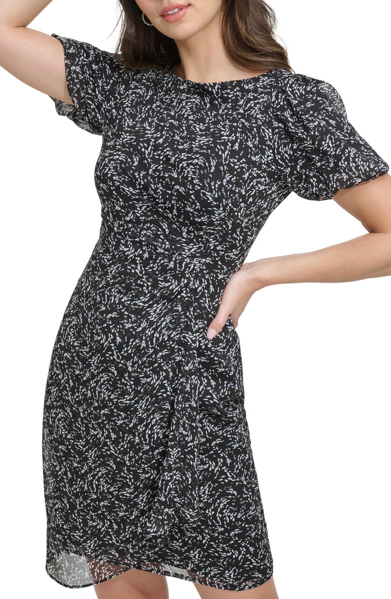 DKNY Ruched Puff Sleeve Faux Wrap Dress, Alternate, color, Black Multi