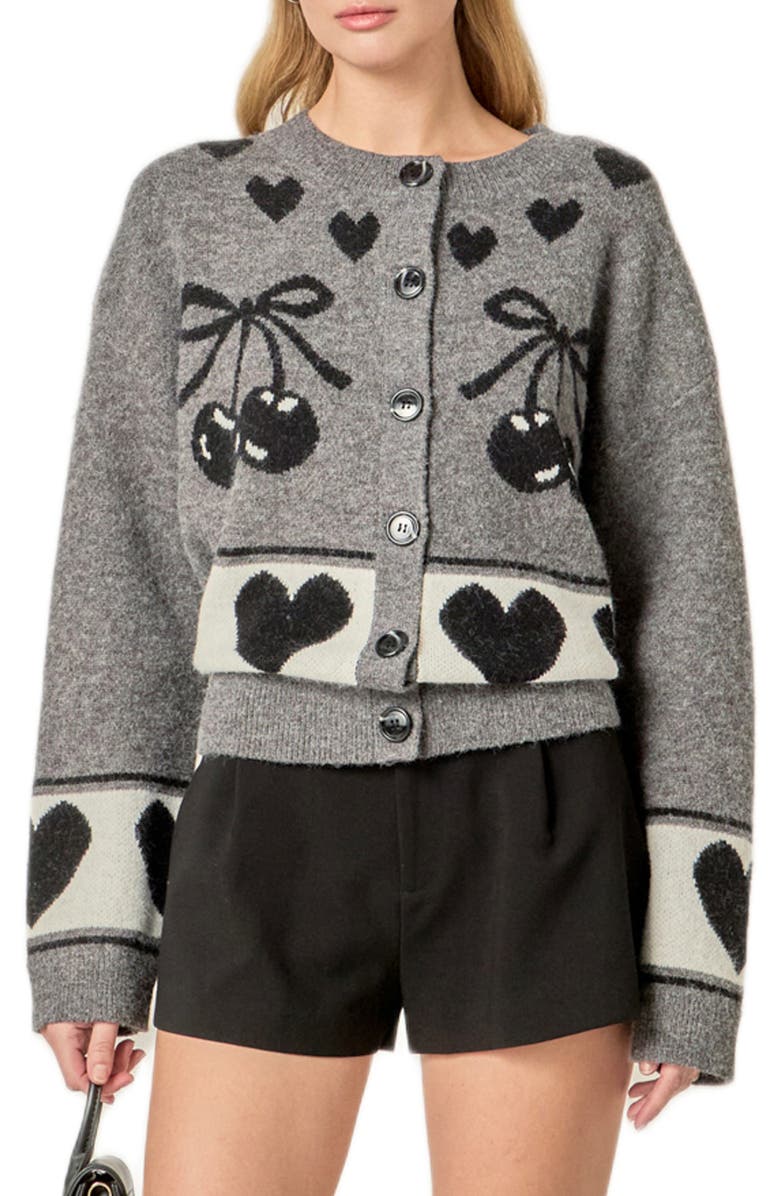 English Factory Cherry Heart Cardigan, Main, color, Charcoal Multi