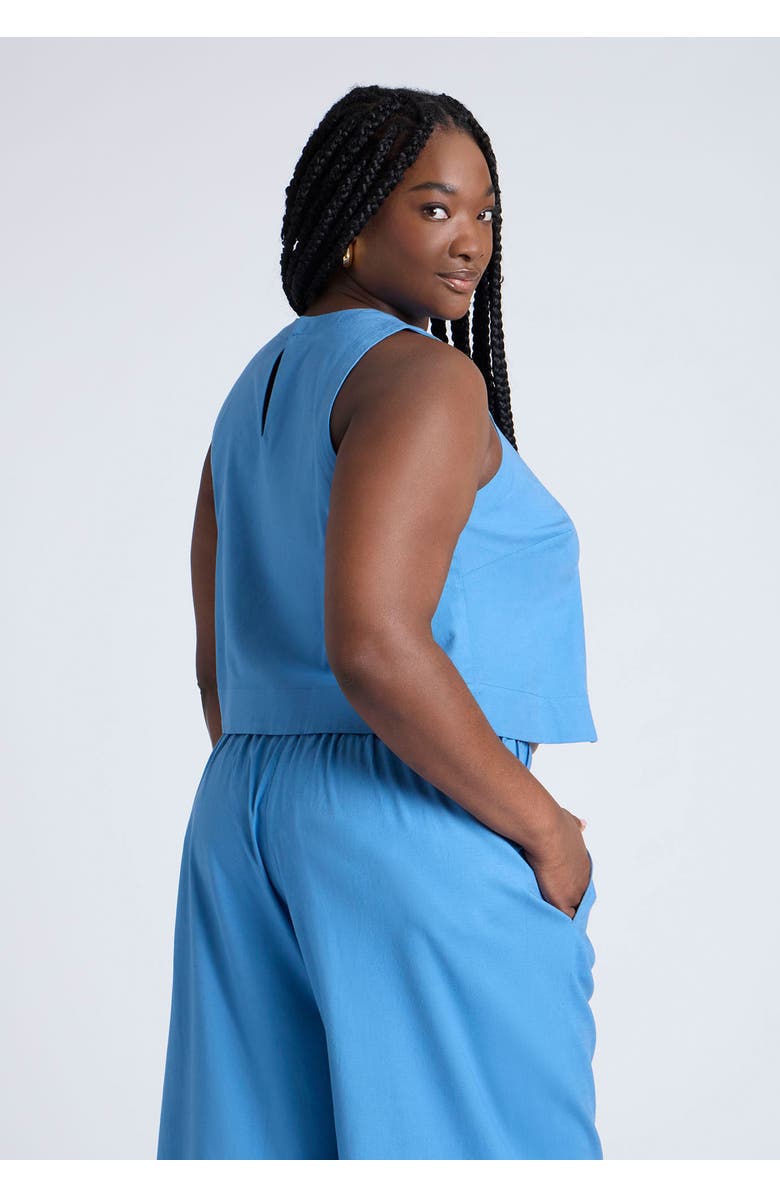 ELOQUII Linen-Blend Boxy Scoop Neck Crop Tank, Alternate, color, Parisian Blue