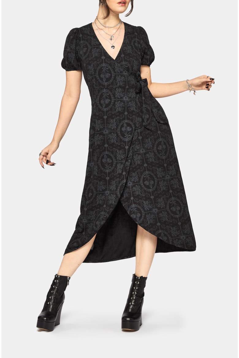 Cameo Floral Printed Wrap Dress, Main, color, Black
