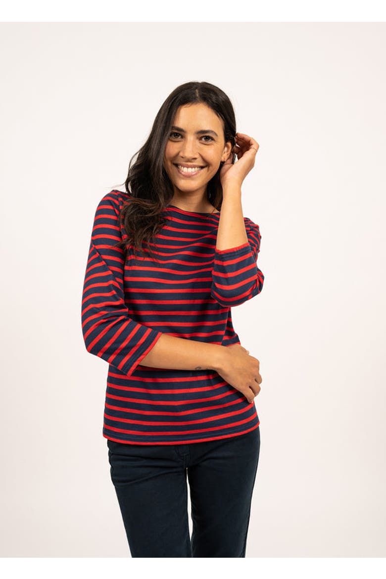 GALATHEE II - ¾ Sleeve Breton Striped Top, Main, color, navy/red