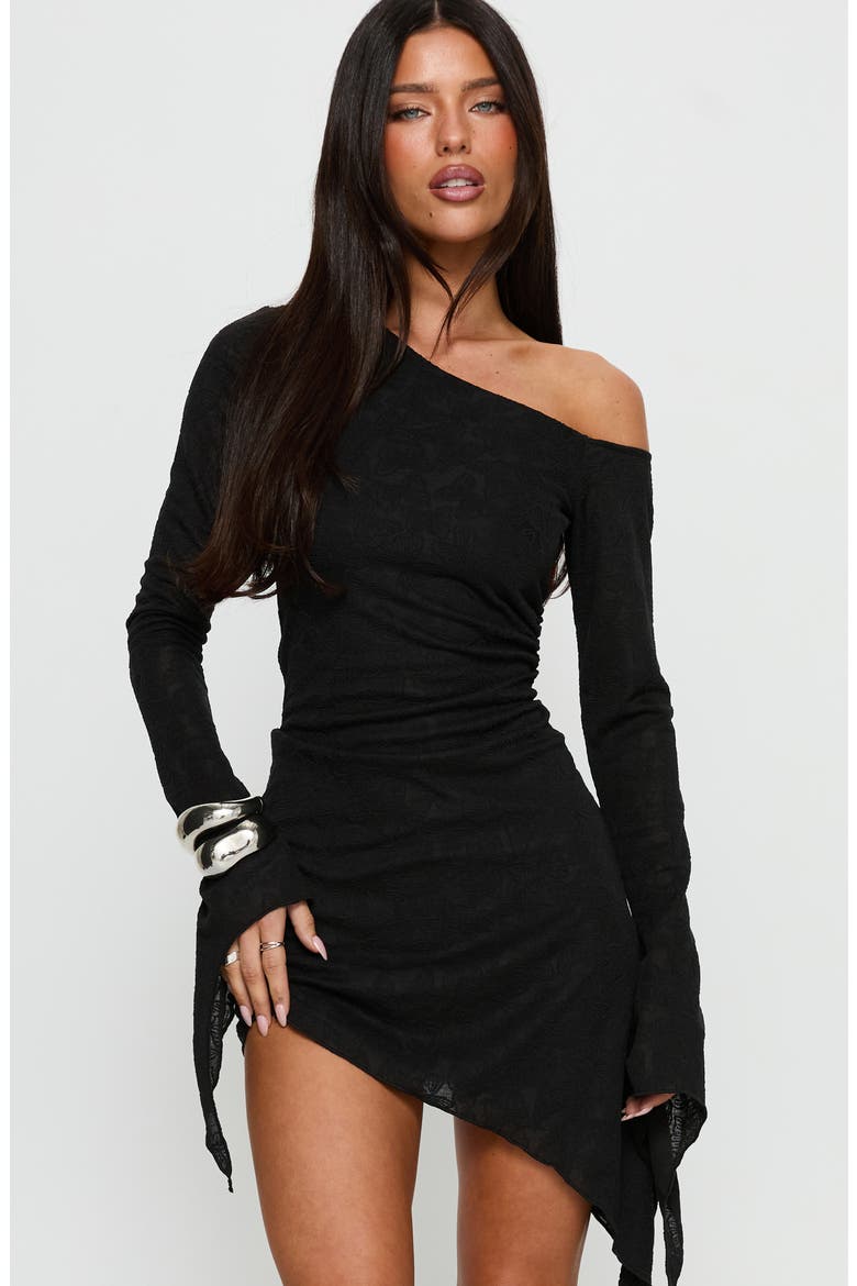 Face Card One-Shoulder Long Sleeve Asymmetric Minidress, Alternate, color, BLACK