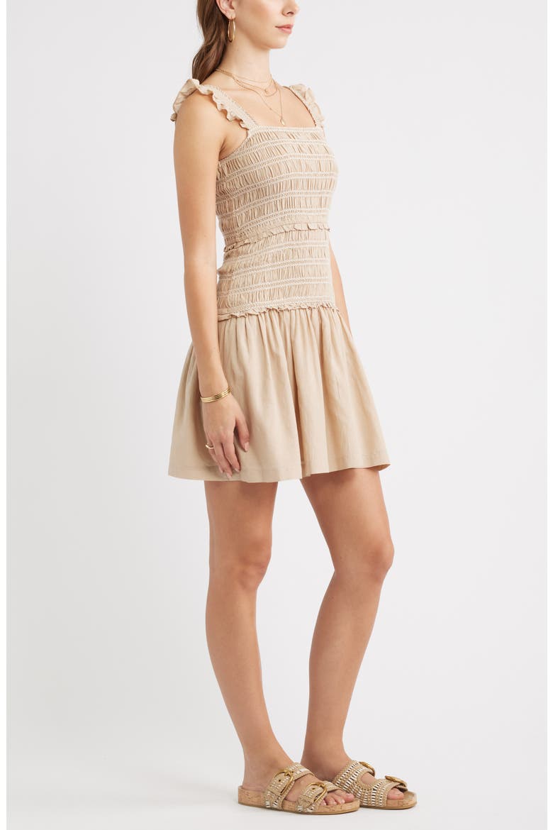 Ruffle Smocked Drop Waist Cotton Blend Minidress, Alternate, color, BEIGE HUMMUS