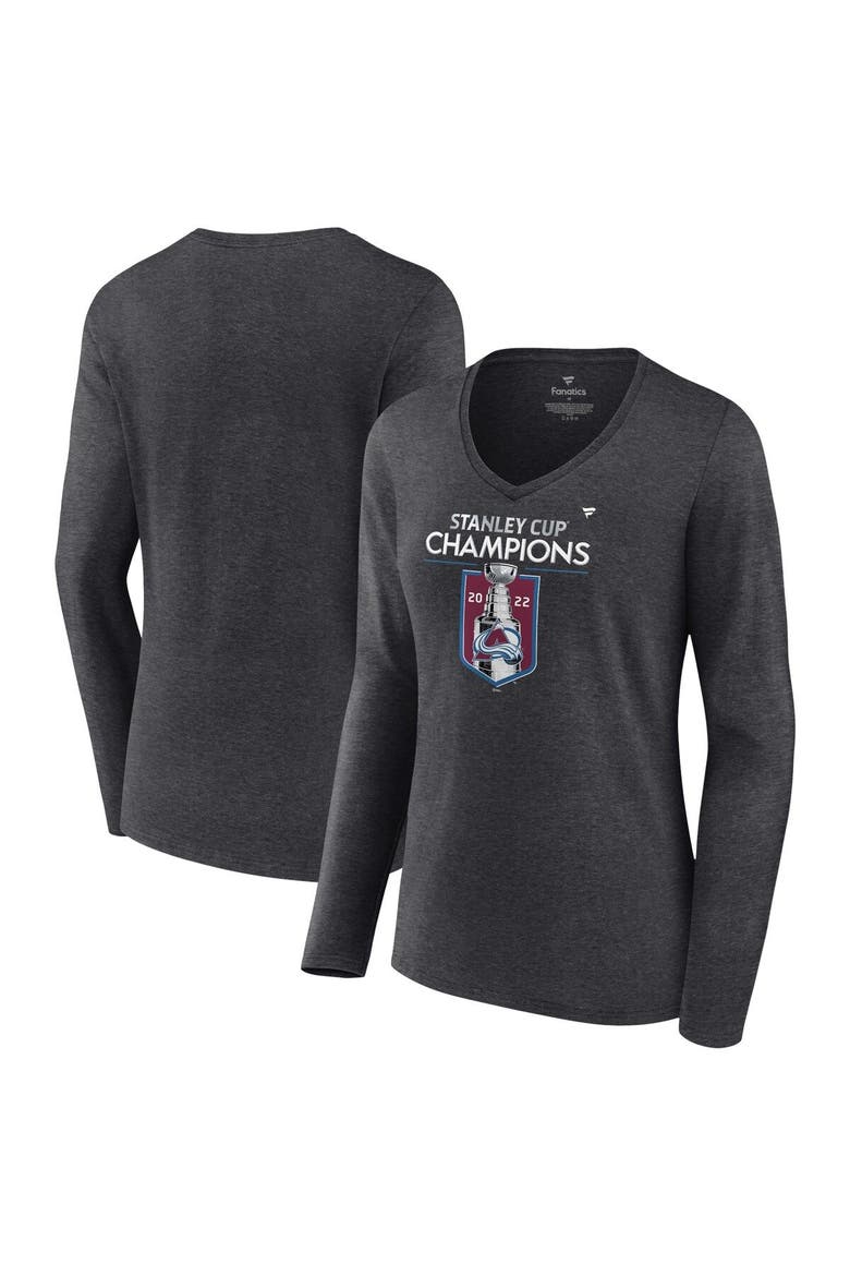 Women's Fanatics Branded Heathered Charcoal Colorado Avalanche 2022 Stanley Cup Champions Locker Room V-Neck Long Sleeve T-Shirt, Main, color, Heather Charcoal