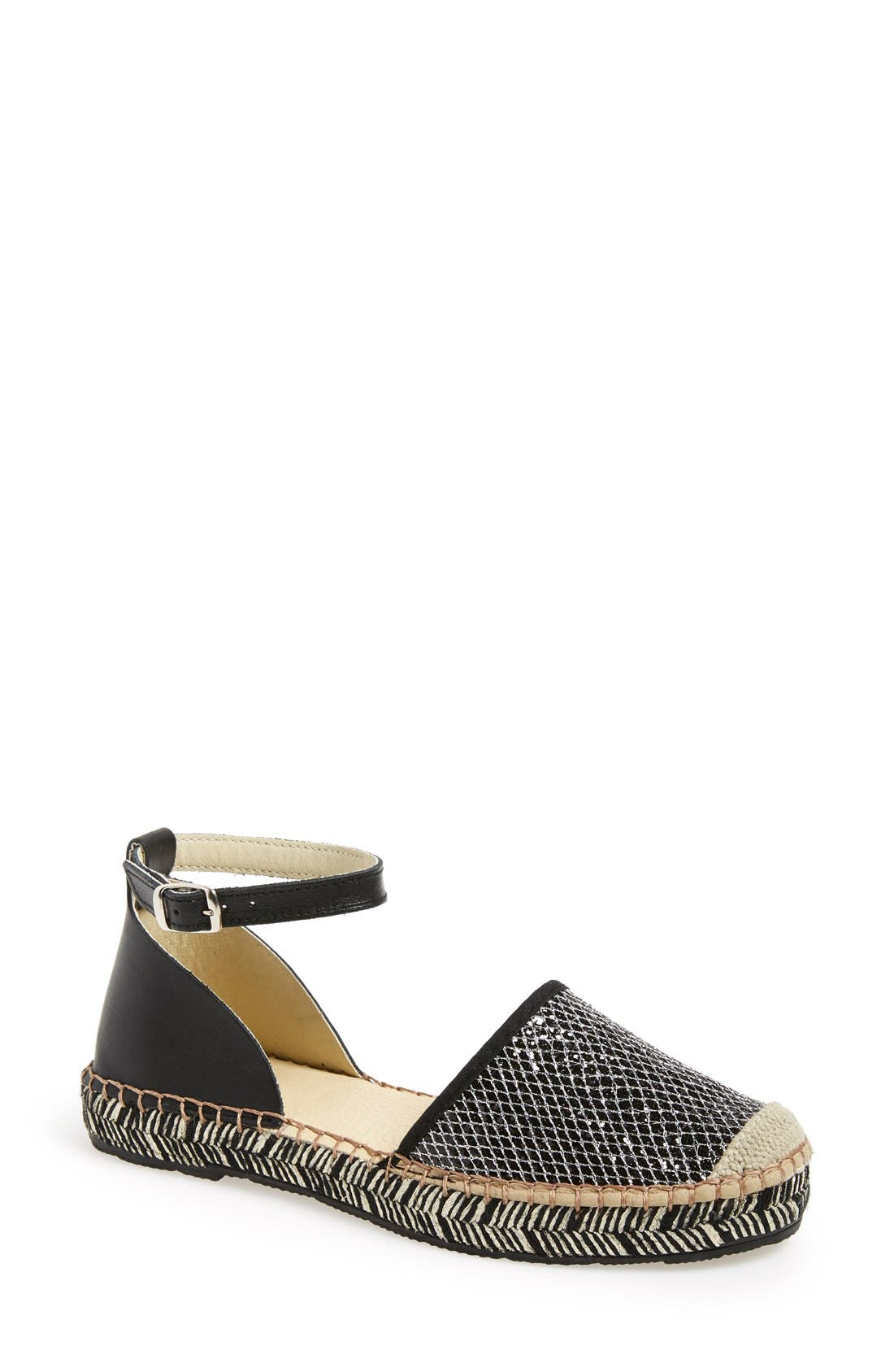 'Ingrid' Ankle Strap Flat, Main, color, BLACK/ SILVER