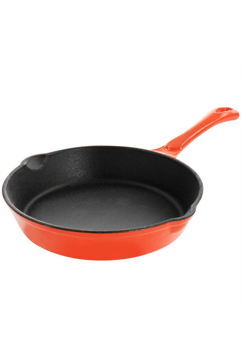Enameled Round 8 Inch PreSeasoned Cast Iron Frying Pan, Main, color, Orange
