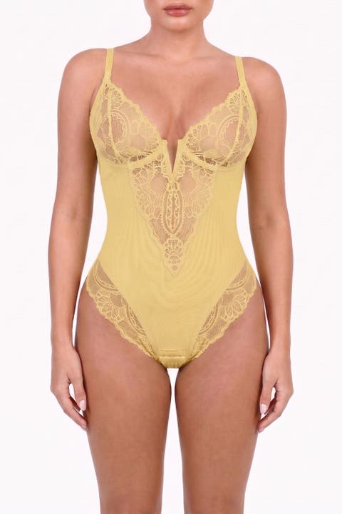 Plus Size Shapewear Lace Deep V-Neck Sculpting Thong Bodysuit
