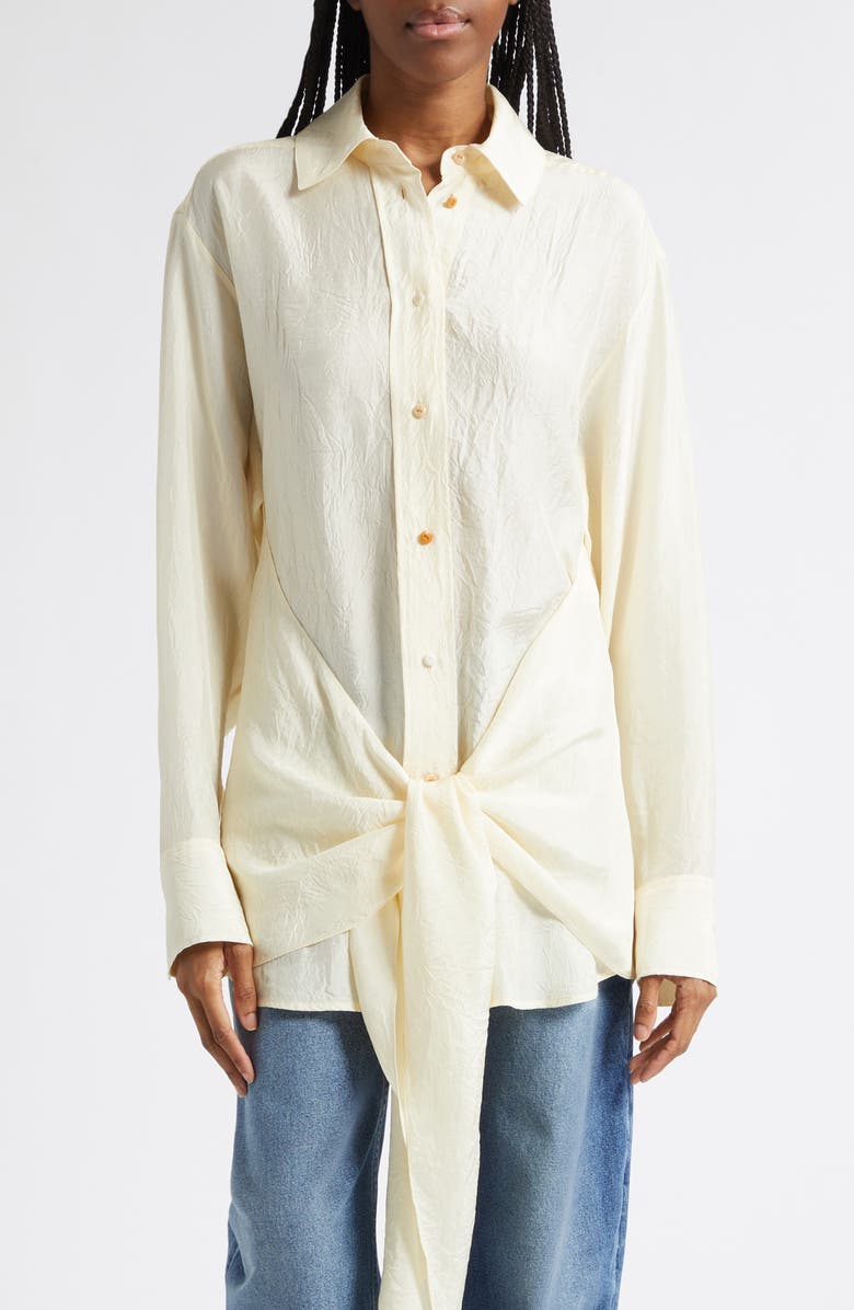 OSSOU Arroyo Tie Front Crinkle Satin Button-Up Shirt, Main, color, Ecru