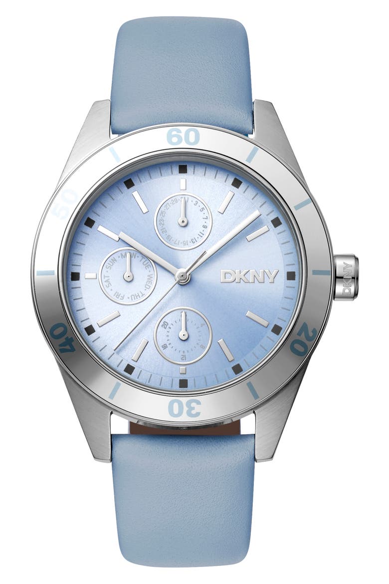 Three Hand Quartz Leather Strap Watch, 34mm, Main, color, LIGHT BLUE