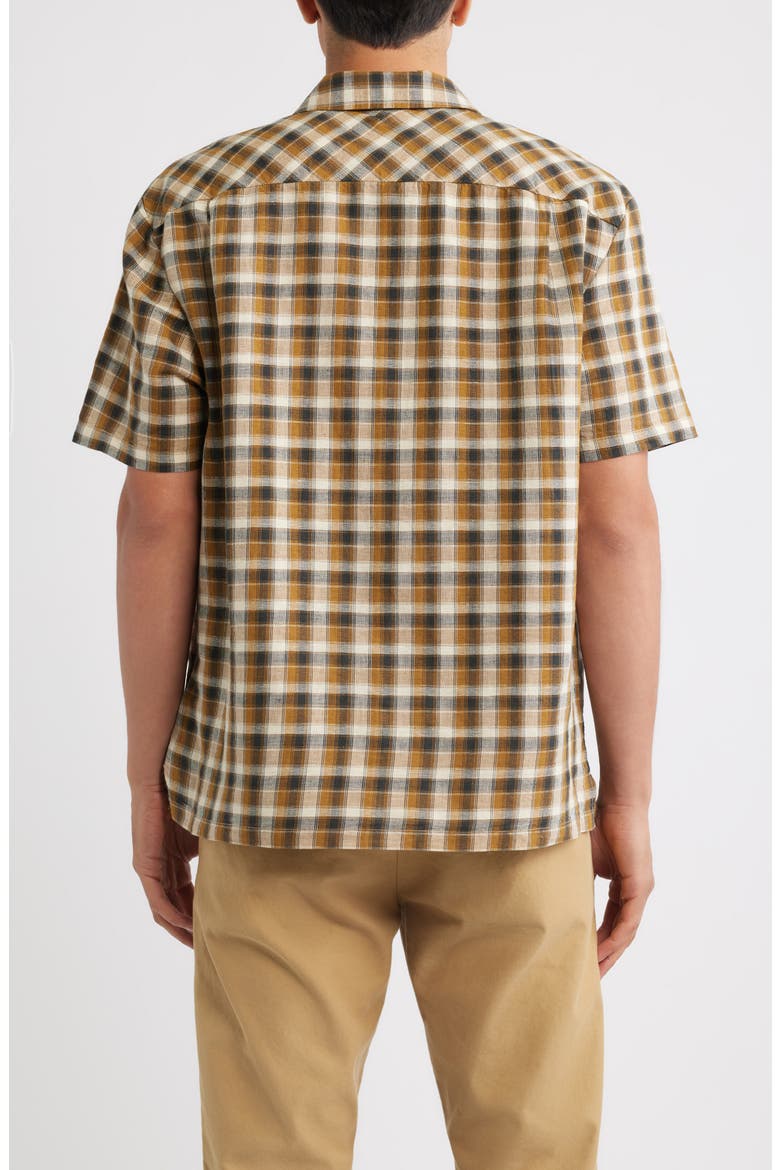 Cru Plaid Linen Blend Short Sleeve Shirt, Alternate, color, BLACK/ TOBACCO PLAID