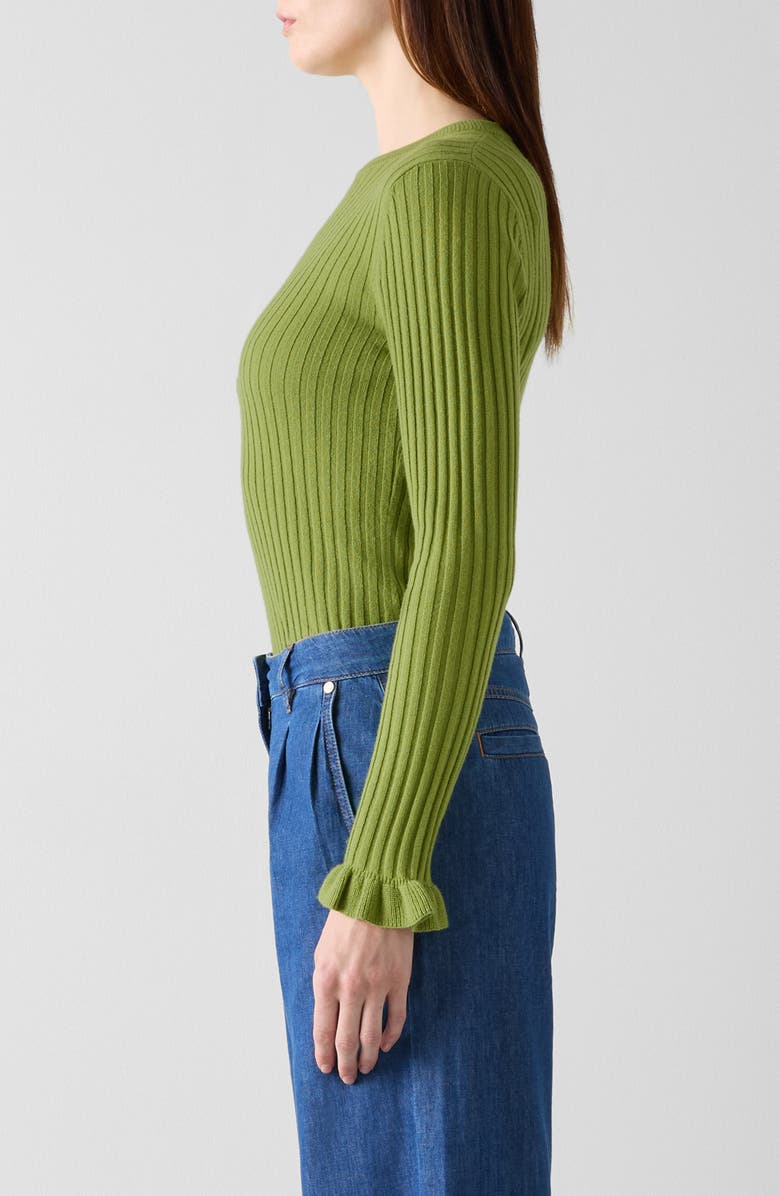 LK Bennett Yara Ruffle Cuff Rib Crewneck Sweater, Alternate, color, Green