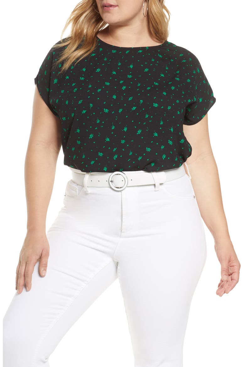 Cap Sleeve Blouse, Main, color, BLACK- GREEN LEAVES PRINT