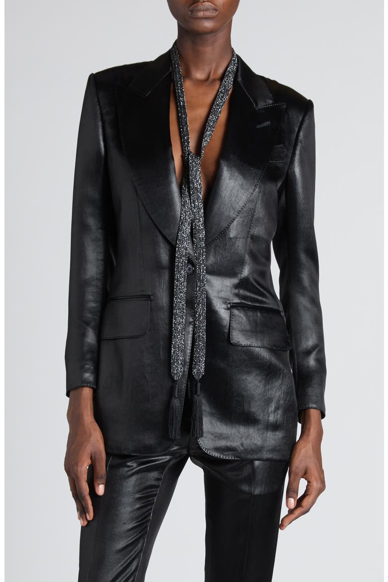 Bianca Single Breasted Liquid Satin Blazer, Main, color, BLACK