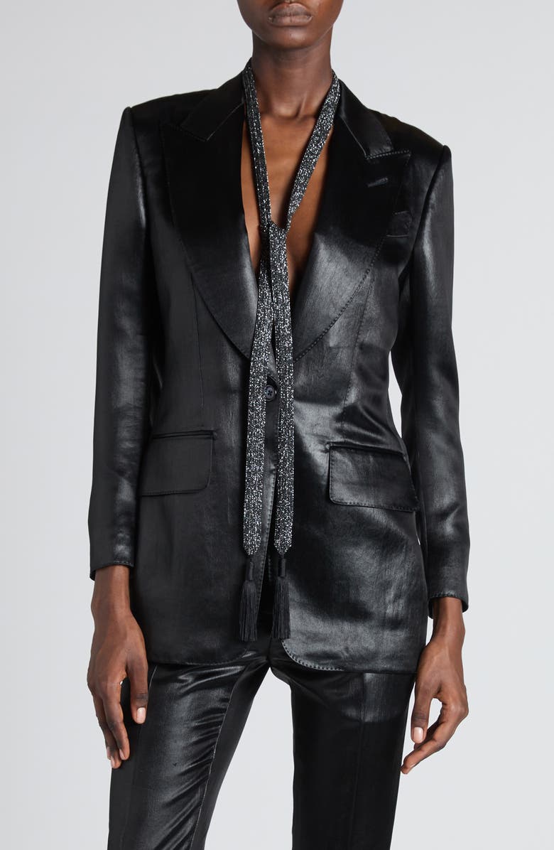 TOM FORD Bianca Single Breasted Liquid Satin Blazer, Main, color, Black