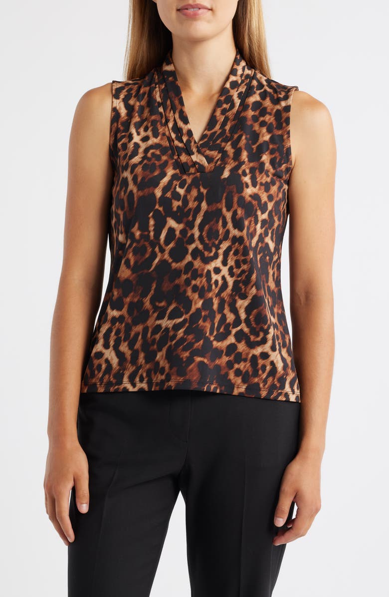 Anne Klein Leopard Triple Pleat Sleeveless Top, Main, color,
