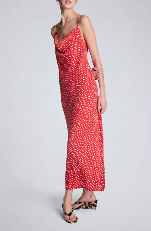 Polka Dot Satin Cowl Neck Slip Dress