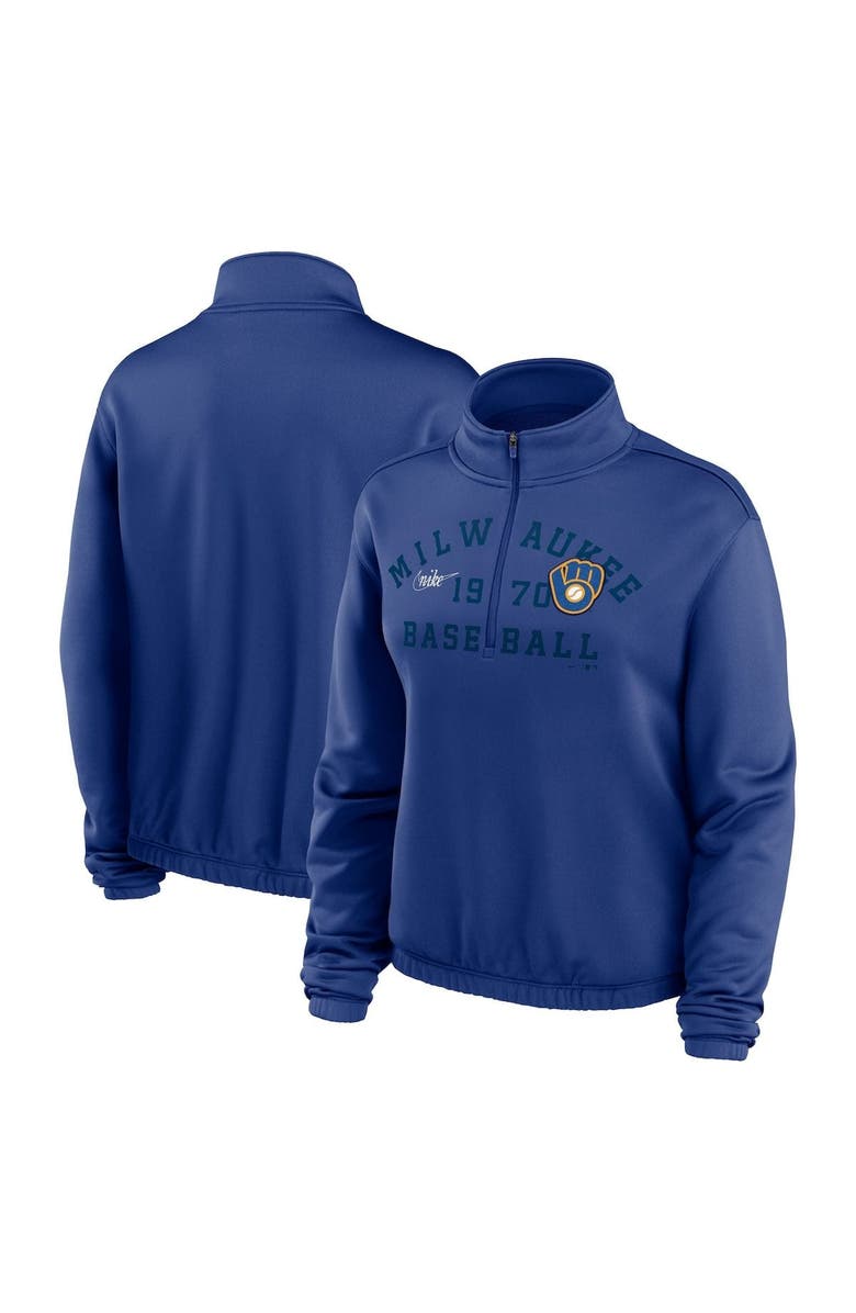 Nike Women's Nike Royal Milwaukee Brewers Rewind Splice Half-Zip Semi-Cropped Bubble Hem Sweatshirt, Main, color, Royal