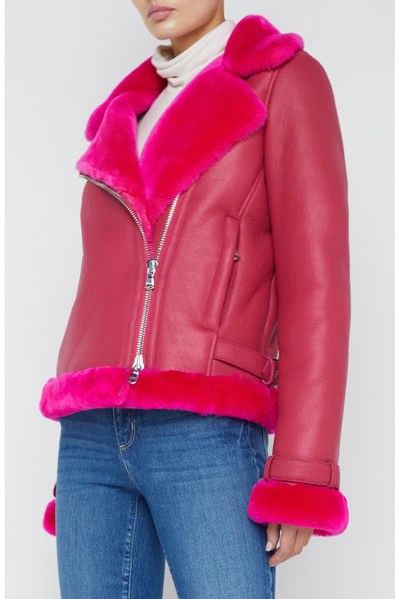 Niri Genuine Shearling Moto Jacket, Alternate, color, PINK GLO