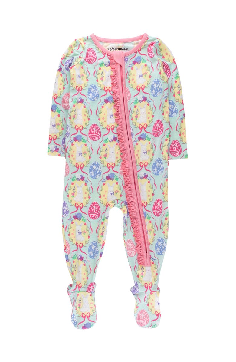 RuffleButts SoftSnooze Ruffle One Piece Footie Pajama, Main, color, Bunnies In Bloom