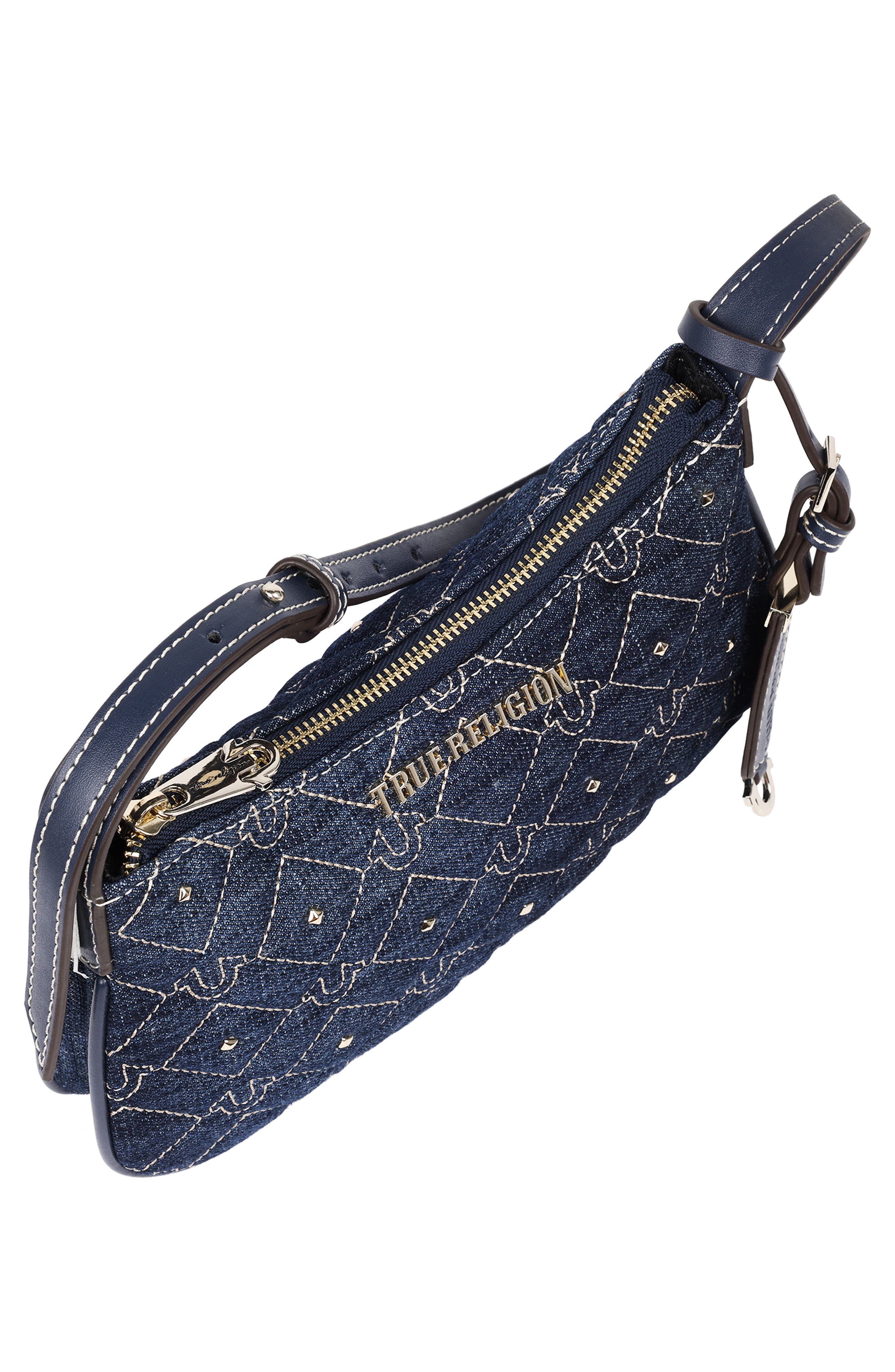 True Religion Studded Horseshoe Denim Shoulder Bag, Alternate, color, Dark Denim