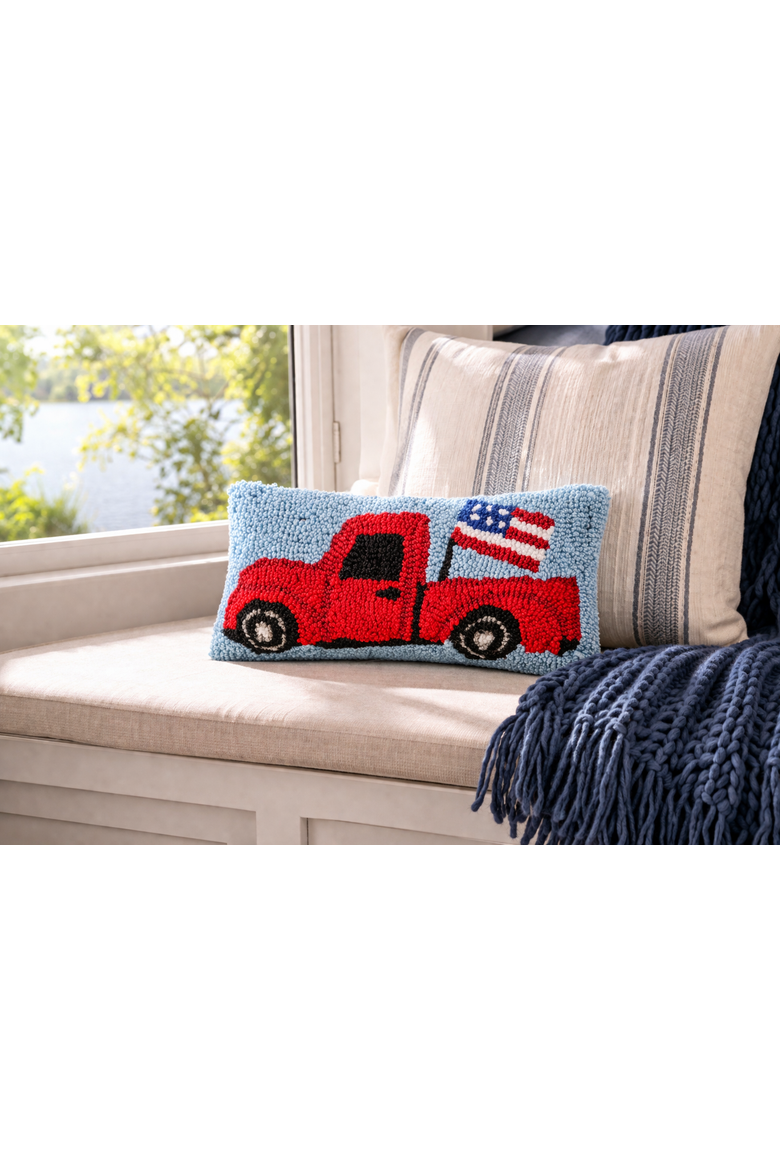 Patriotic Retro Red Pickup Truck w/ Waving American Flag Hooked Mini Accent Pillow, 6" x 12", Alternate, color, Red
