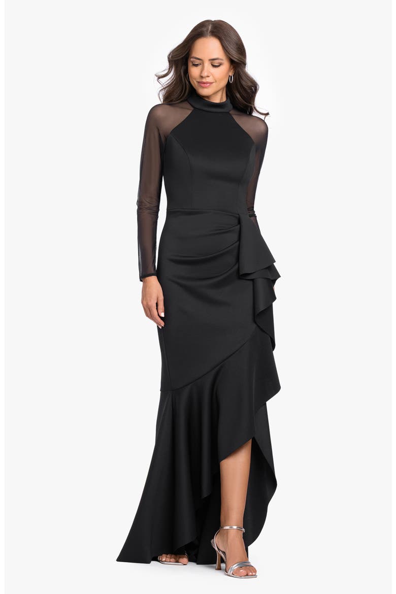 Scuba & Mesh Long Sleeve High-Low Gown, Alternate, color, BLACK