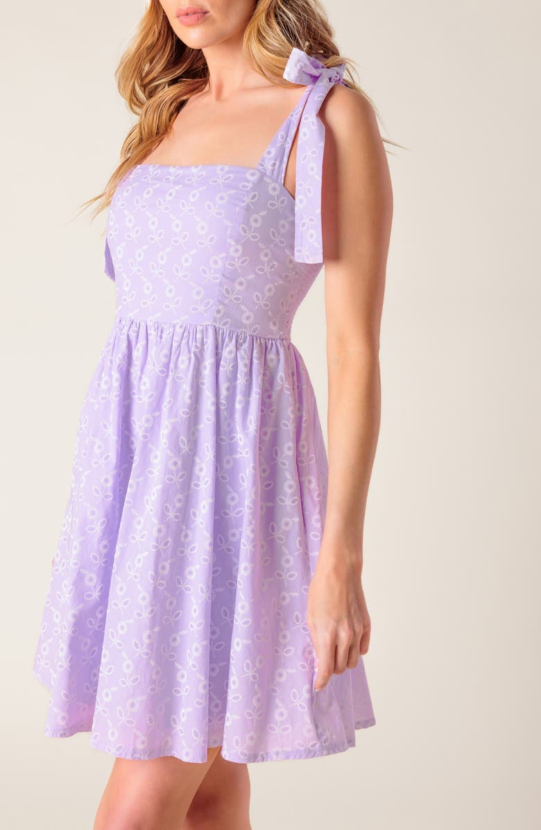 FLYING TOMATO Floral Embroidered Tie Strap Fit & Flare Minidress, Alternate, color, Lavender